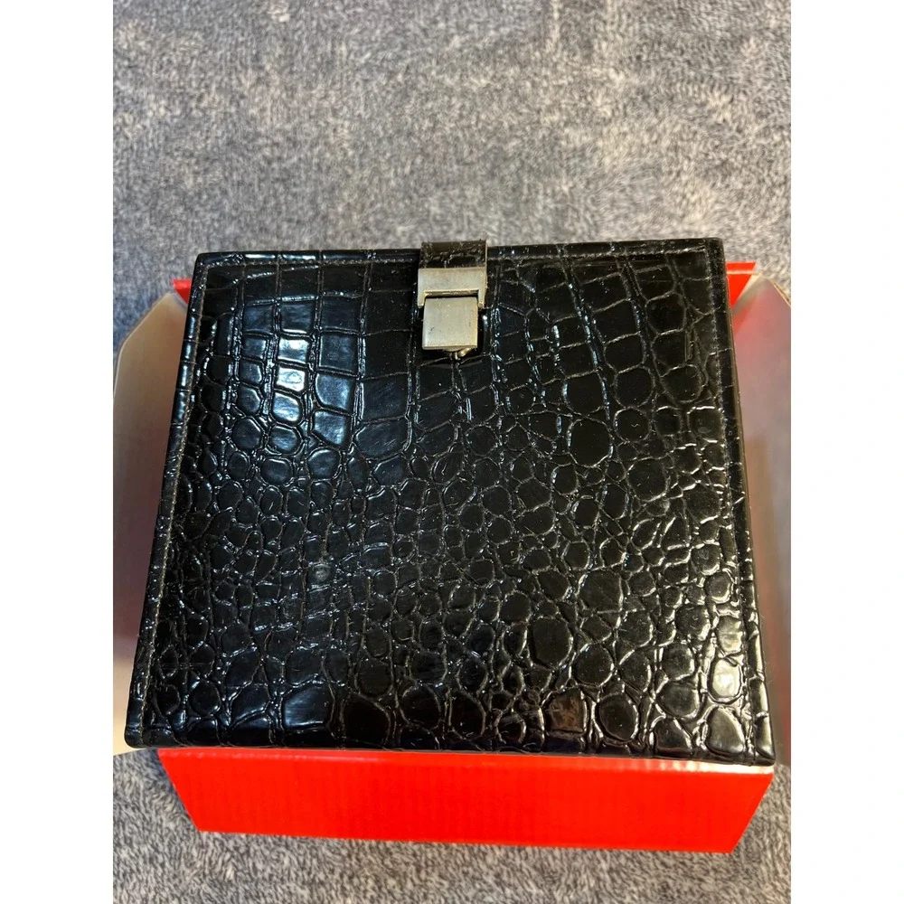 Black Faux Croc Embossed Makeup Train Case Jewelry Box with Mirror & Drawers